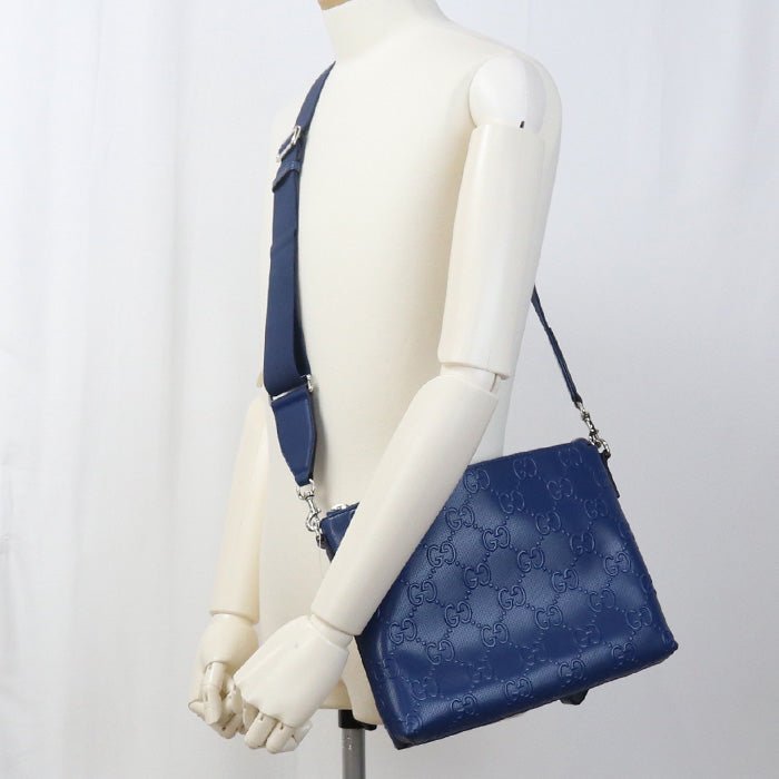 GUCCI 696009 Shoulder Bag GG emboss Medium 2-Way Clutch Bag leather blue mens | AlmaBagz - Image 2