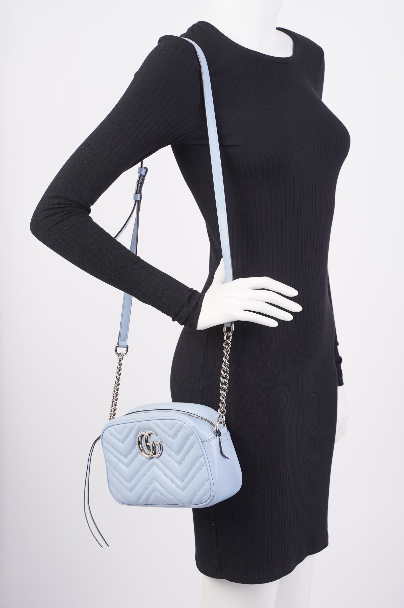 Gucci Marmont Zip Baby Blue Matelasse Leather Small | AlmaBagz