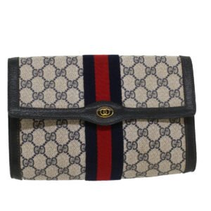 Gucci GG Canvas Sherry Line Clutch Bag PVC Leather Gray Red Navy  yk7169 | AlmaBagz