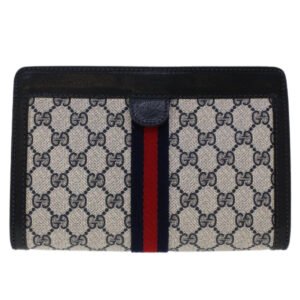 Gucci GG Canvas Sherry Line Clutch Bag PVC Leather Navy Red  yk7884 | AlmaBagz